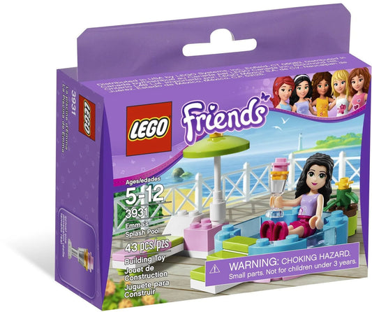 LEGO Friends set packaging with a purple box featuring a character and pool scene.